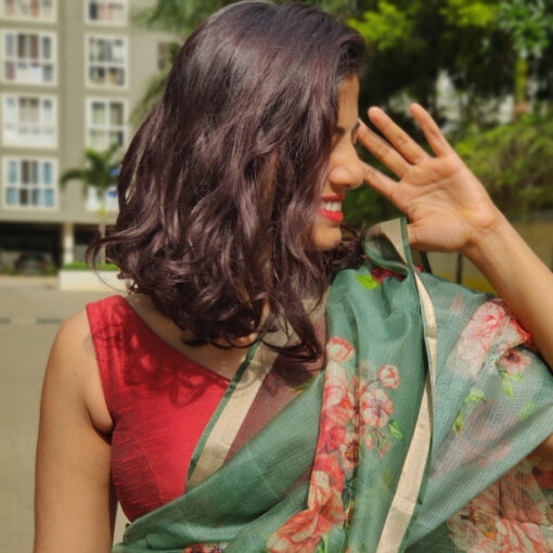Forest Green Kota Silk Saree with Prints