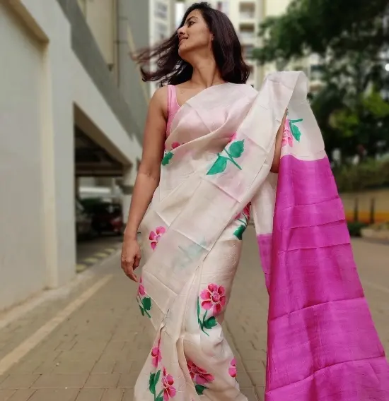 Ivory Pure Silk Saree with Printed Florals