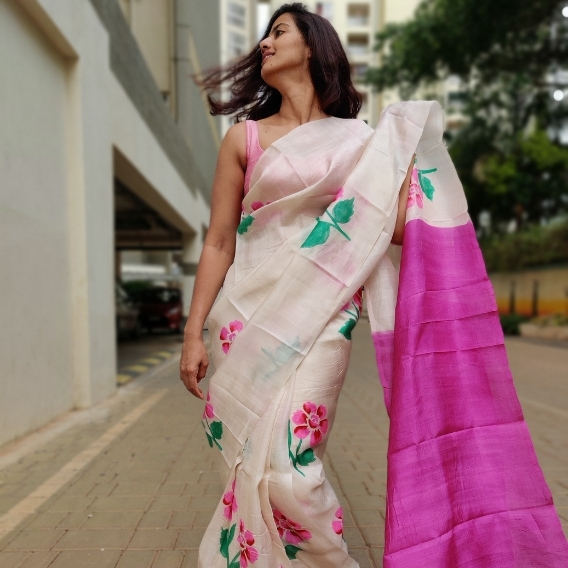 Ivory Pure Silk Saree with Printed Florals