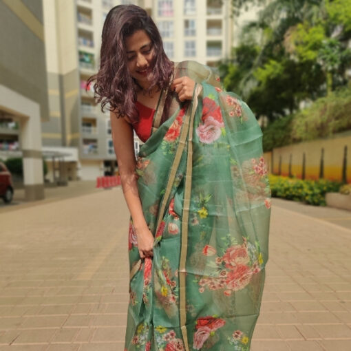 Forest Green Kota Silk Saree with Prints