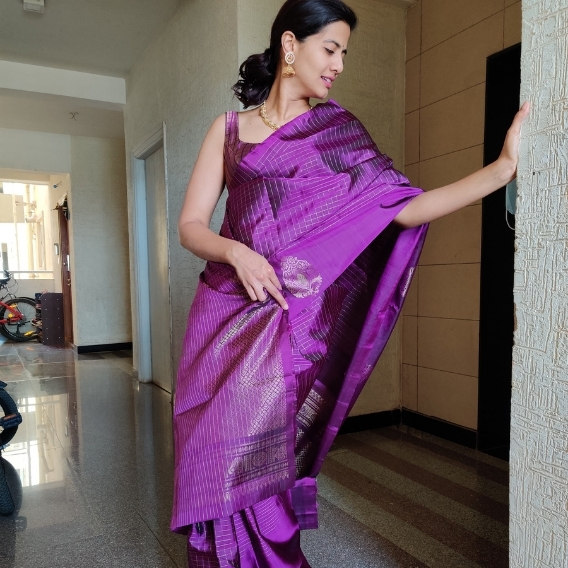 Purple Kanjivaram Silk Saree with Silver Zari Checks