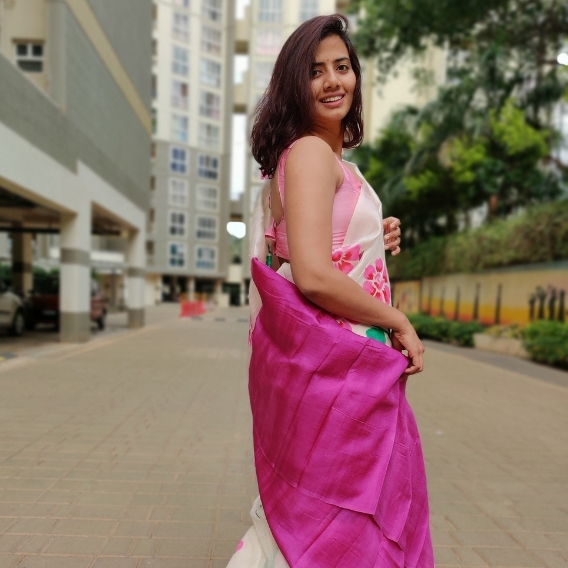 Ivory Pure Silk Saree with Printed Florals