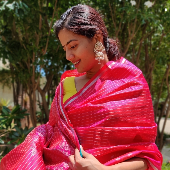 Hot Pink Kanjivaram Silk Saree with Silver Zari Checks and Silver Motifs