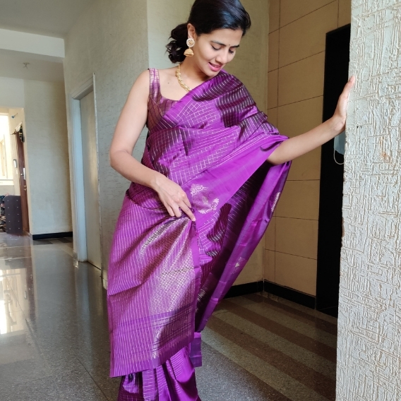 Purple Kanjivaram Silk Saree with Silver Zari Checks
