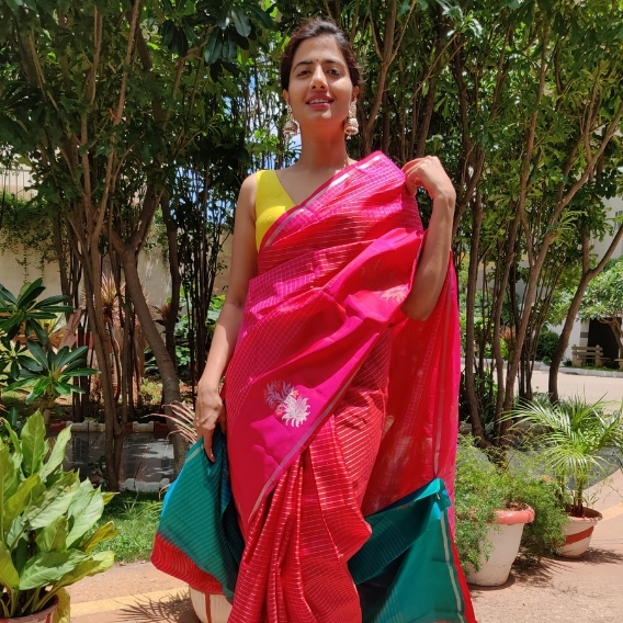 Hot Pink Kanjivaram Silk Saree with Silver Zari Checks and Silver Motifs