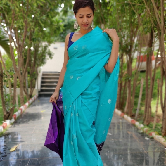 Cyan Blue Kanchivaram Silk Saree with Silver Zari Motifs