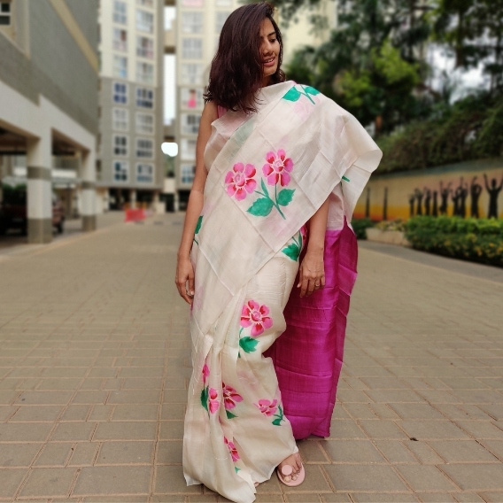 Ivory Pure Silk Saree with Printed Florals