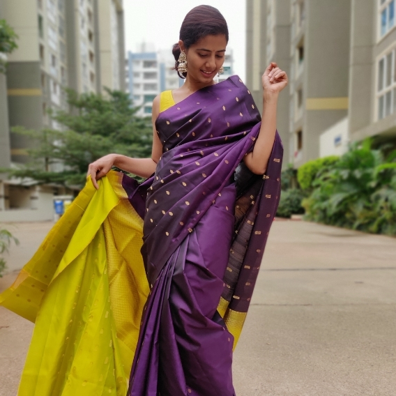 Trendy Designer Rich Pallu Lichi Silk Saree For Women(Yellow, Purple)