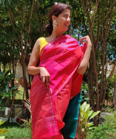 Hot Pink Kanjivaram Silk Saree with Silver Zari Checks and Silver Motifs