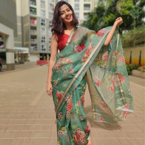 Forest Green Kota Silk Saree with Prints