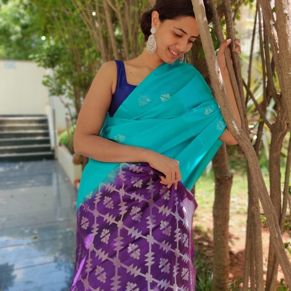 Cyan Blue Kanchivaram Silk Saree with Silver Zari Motifs