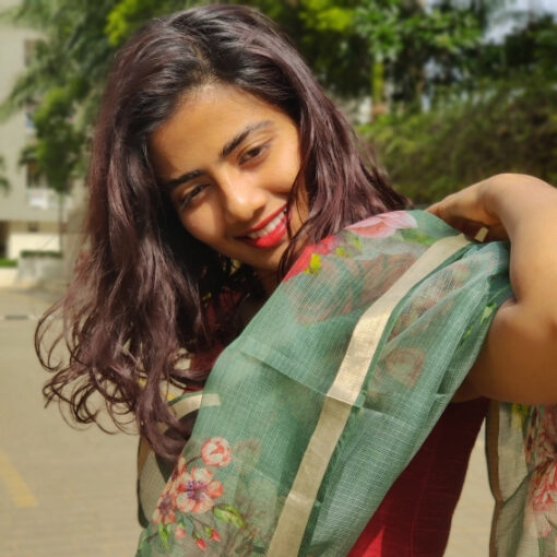 Forest Green Kota Silk Saree with Prints