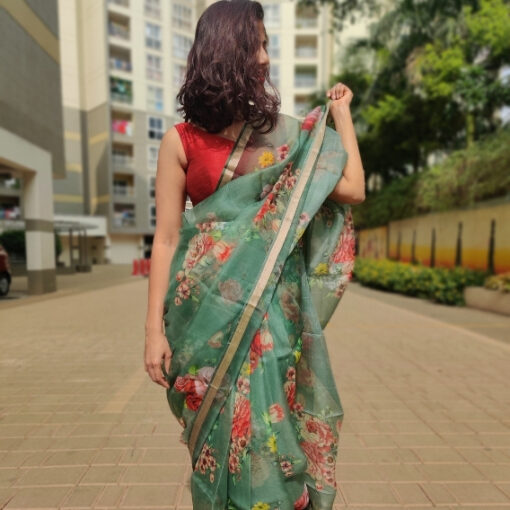 Forest Green Kota Silk Saree with Prints