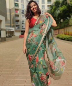 Forest Green Kota Silk Saree with Prints
