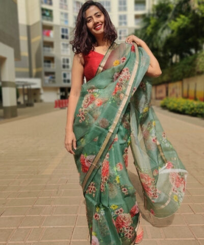 Forest Green Kota Silk Saree with Prints