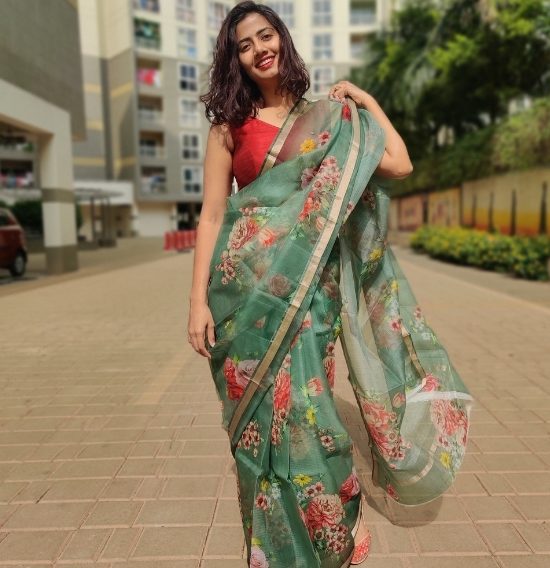 Forest Green Kota Silk Saree with Prints