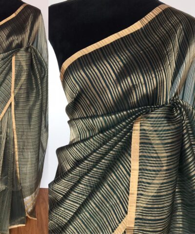 Amber Green Organza Silk Saree with Gold Zari Stripes