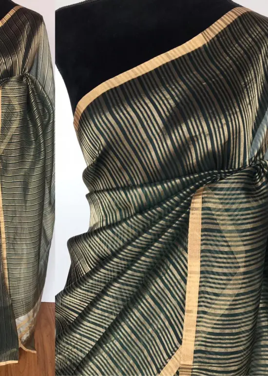 Amber Green Organza Silk Saree with Gold Zari Stripes