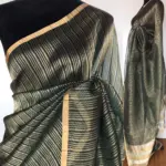 Amber Green Organza Silk Saree with Gold Zari Stripes - Image 2