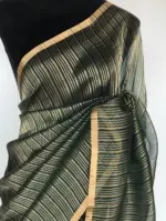 Amber Green Organza Silk Saree with Gold Zari Stripes