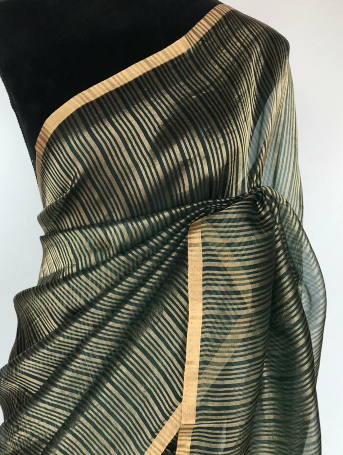 Amber Green Organza Silk Saree with Gold Zari Stripes