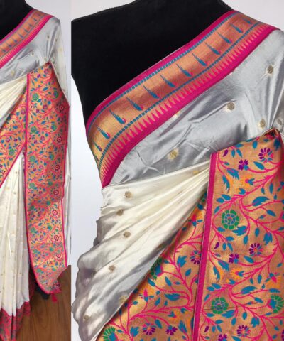 White Banarasi Silk Saree with Paithani Weaves