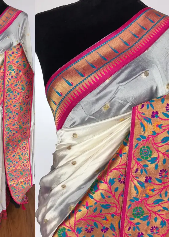 White Banarasi Silk Saree with Paithani Weaves