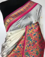 White Banarasi Silk Saree with Paithani Weaves - Image 3