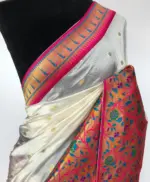 White Banarasi Silk Saree with Paithani Weaves - Image 4