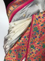 White Banarasi Silk Saree with Paithani Weaves - Image 5