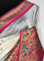 White Banarasi Silk Saree with Paithani Weaves - Image 6