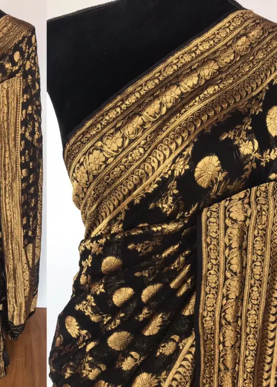 Black Banarasi Silk Saree in Georgette adorned with Gold Zari Motifs