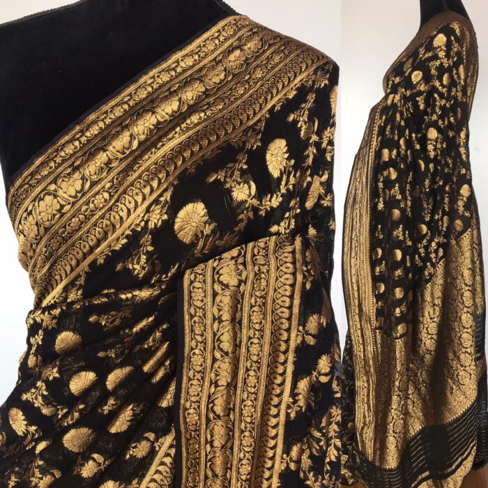 Black Banarasi Silk Saree in Georgette adorned with Gold Zari Motifs
