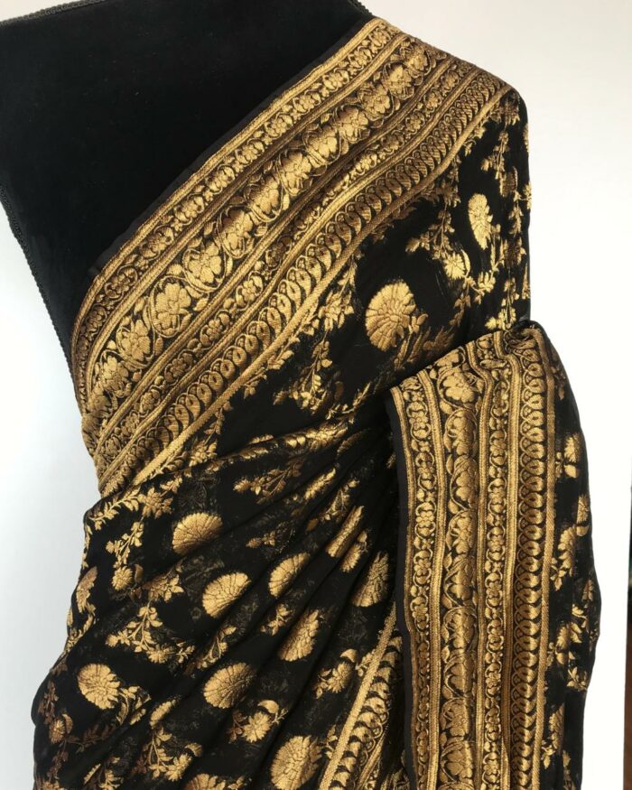 Black Banarasi Silk Saree in Georgette adorned with Gold Zari Motifs