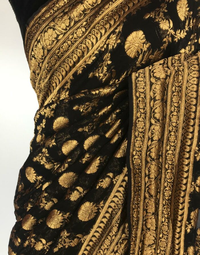 Black Banarasi Silk Saree in Georgette adorned with Gold Zari Motifs