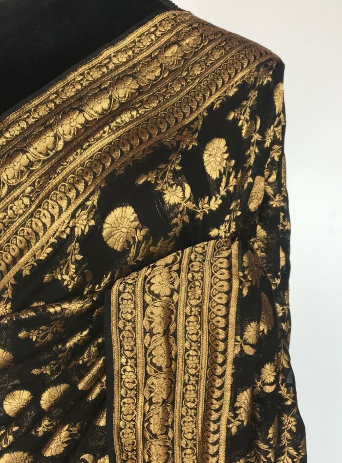 Black Banarasi Silk Saree in Georgette adorned with Gold Zari Motifs