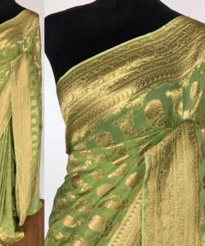 Sea Green Banarasi Silk Saree in Georgette adorned with Gold Zari Motifs