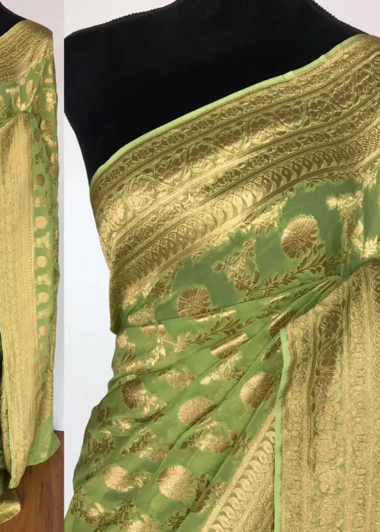 Sea Green Banarasi Silk Saree in Georgette adorned with Gold Zari Motifs