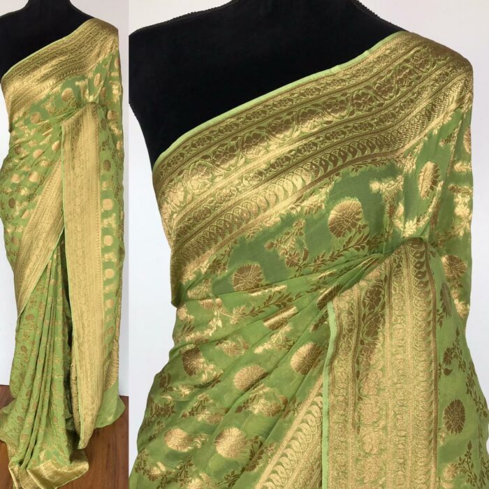 Sea Green Banarasi Silk Saree in Georgette adorned with Gold Zari Motifs