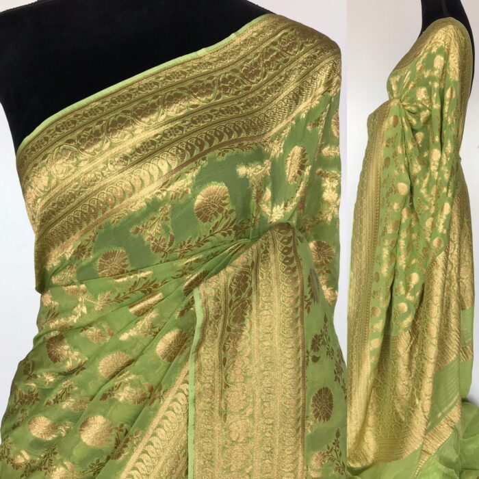 Sea Green Banarasi Silk Saree in Georgette adorned with Gold Zari Motifs