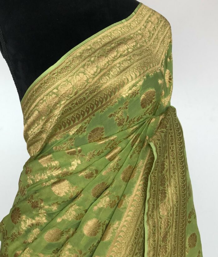 Sea Green Banarasi Silk Saree in Georgette adorned with Gold Zari Motifs