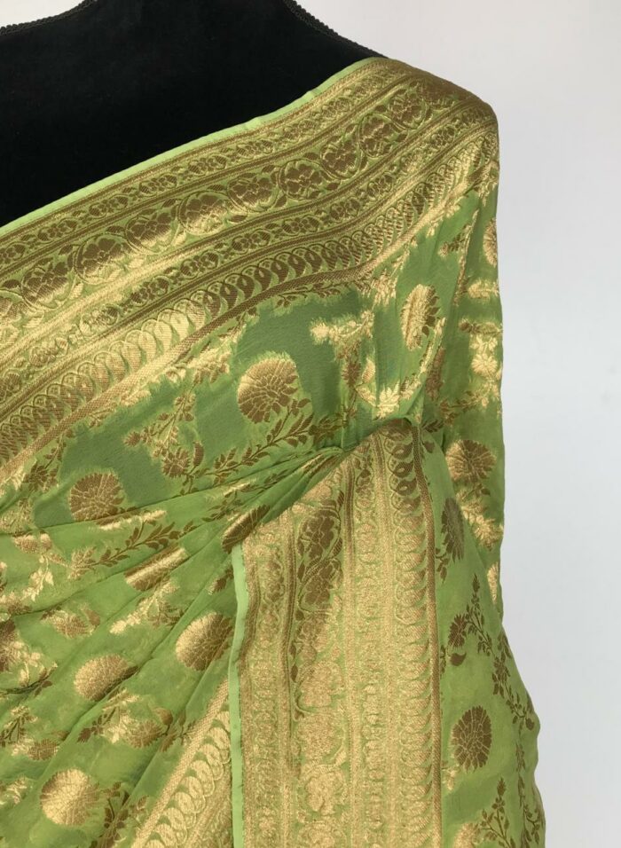 Sea Green Banarasi Silk Saree in Georgette adorned with Gold Zari Motifs