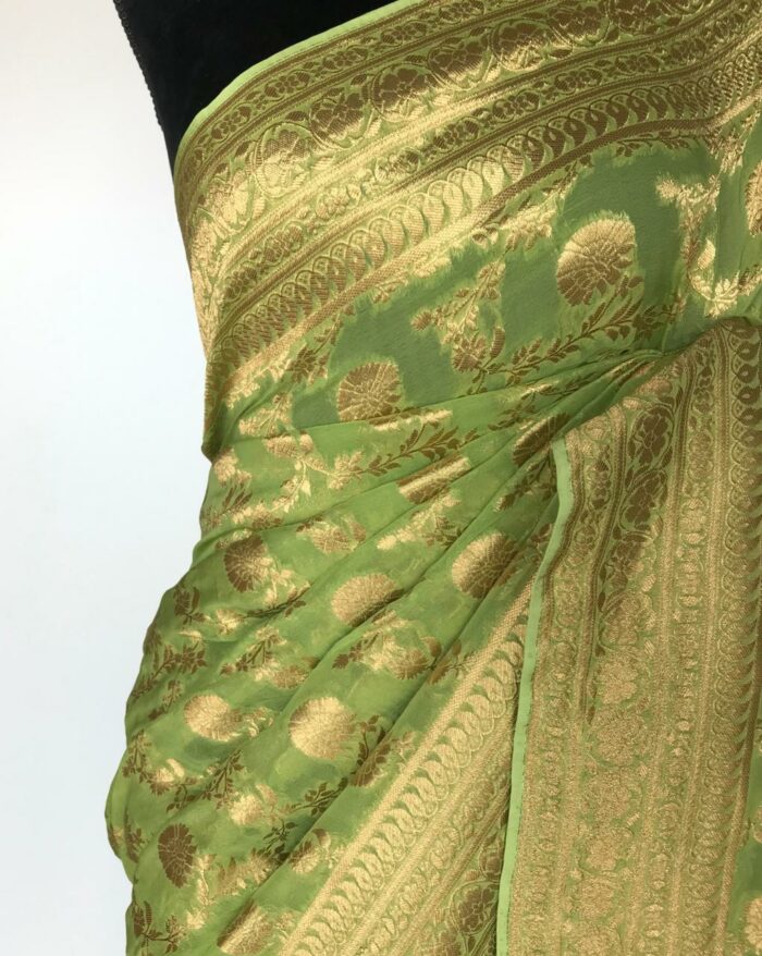 Sea Green Banarasi Silk Saree in Georgette adorned with Gold Zari Motifs