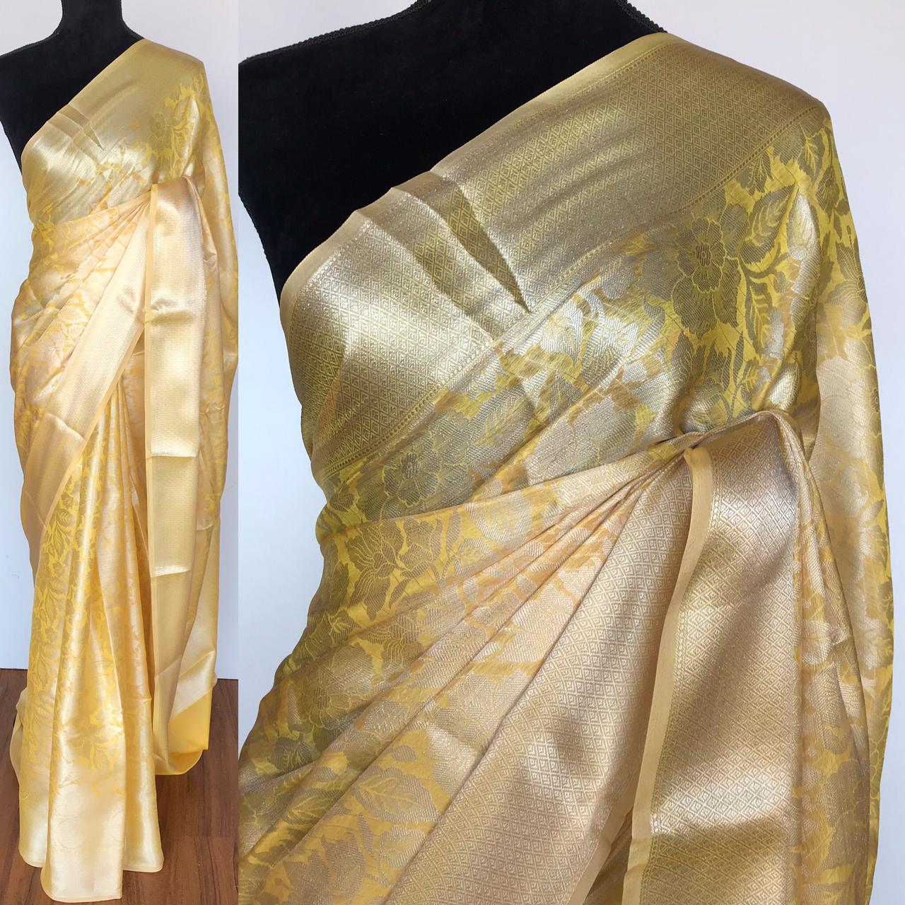Woven Silver Jari Checks Designer Banarasi Silk Yellow Beautiful Saree