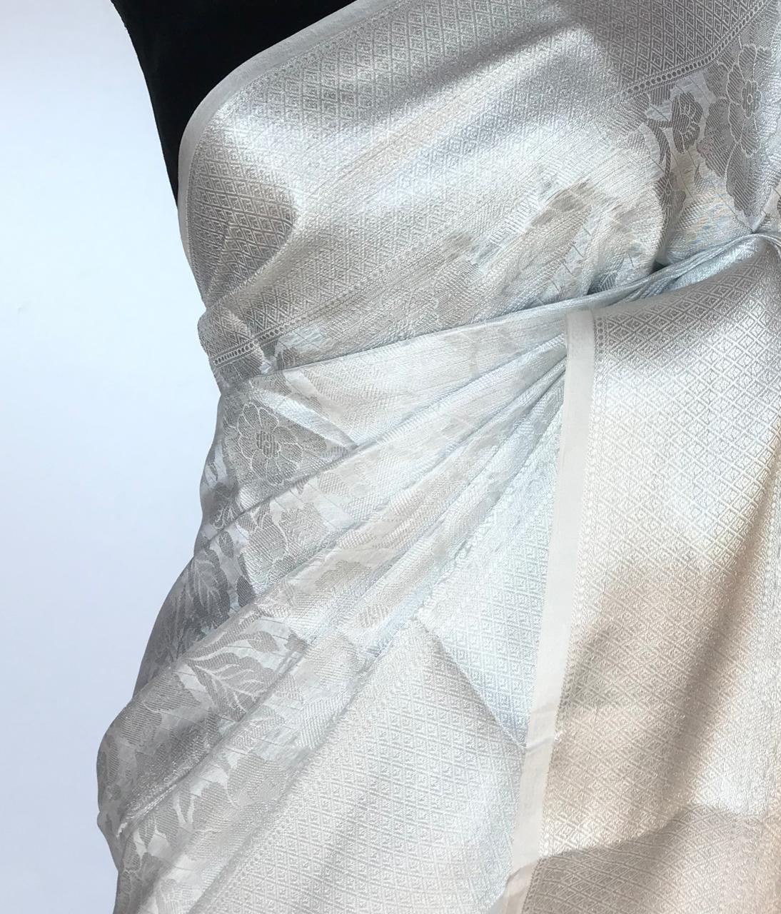 Pure White Banarasi Saree with Silver Zari Weaves | Mirra clothing