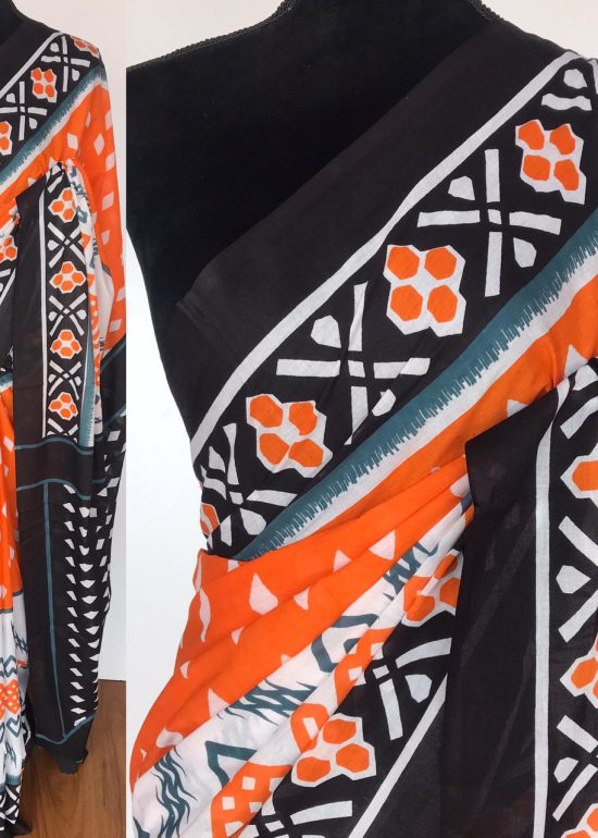 Orange Printed Mul Cotton Saree