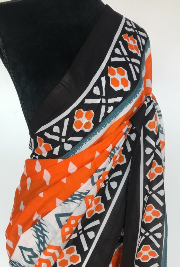 Orange Printed Mul Cotton Saree