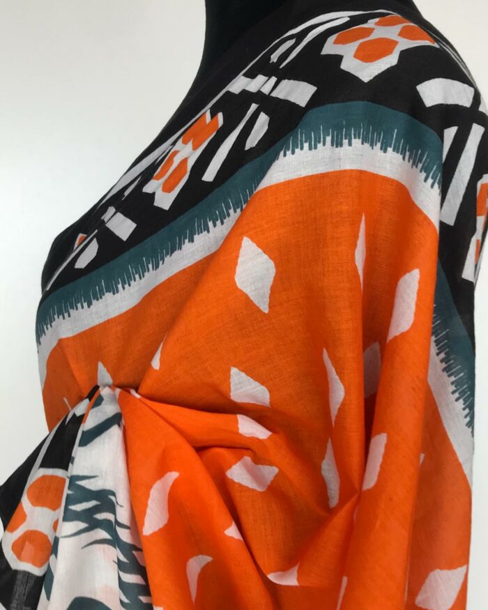 Orange Printed Mul Cotton Saree