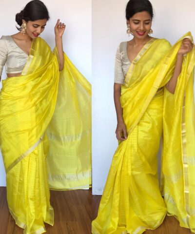 Lemon Yellow Mangalagiri Silk Saree with Silver Zari Checks