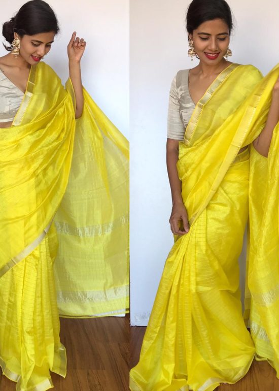 Lemon Yellow Mangalagiri Silk Saree with Silver Zari Checks